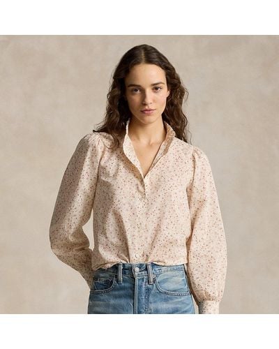 Ralph Lauren Ruffle-trim Floral Cotton Shirt - Natural