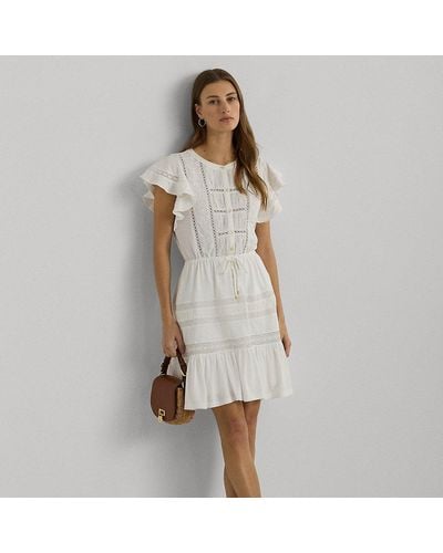 Lauren by Ralph Lauren Lace-trim Jersey Flutter-sleeve Dress - White