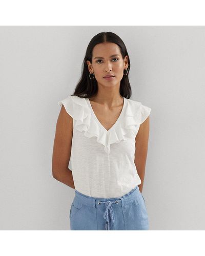 Lauren by Ralph Lauren Ruffle-trim Slub Jersey Sleeveless Tee - White