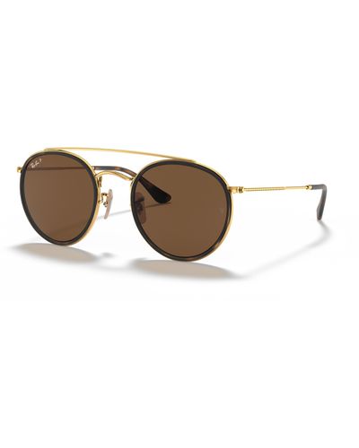 Ray-Ban Sunglasses Unisex Round Double Bridge - Gold Frame Brown Lenses Polarized 51-22 - Multicolor