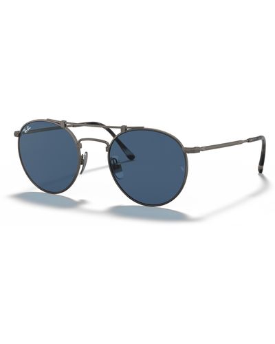 Ray-Ban Sunglasses Unisex Round Double Bridge Titanium - Pewter Frame Blue Lenses 50-21 - Black