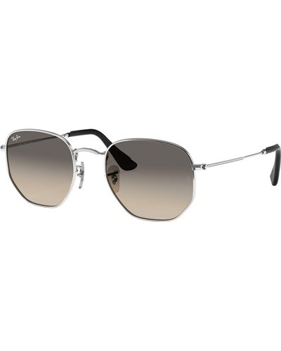 Ray-Ban Hexagonal Flat Lenses Sunglasses Silver Frame Blue Lenses Polarized 54-21 - Black