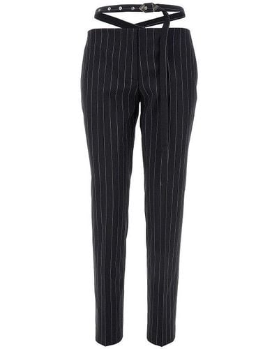 The Attico Pinstriped Wool-Blend Trousers With Belt - Blue