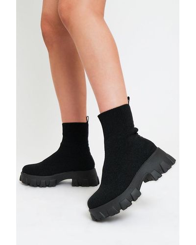 Rebellious Fashion Ankle High Chunky Sole Sock Boots - Bana - Black