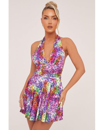 Rebellious Fashion Multi Leopard Print Halter Neck Mini Dress - Pink