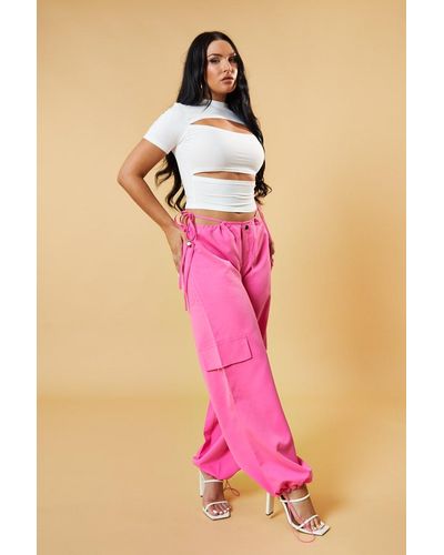 Rebellious Fashion Tie Waist Toggle Detail Parachute Cargo Trousers - Pink