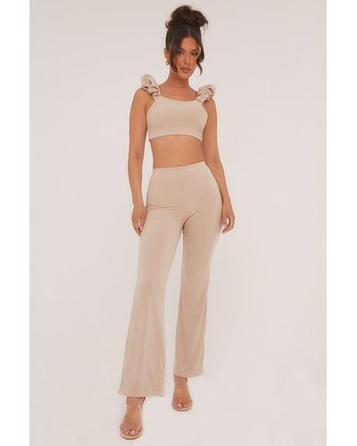 Rebellious Fashion Frill Detail Cropped Top & Wide Leg Trousers Co-Ord Set - Natural