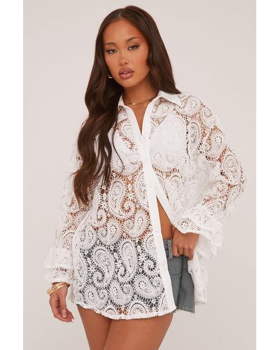 Rebellious Fashion Lace Button Up Frill Sleeve Shirt - White
