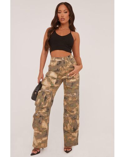 Rebellious Fashion Abstract Print Cargo Trousers - Green