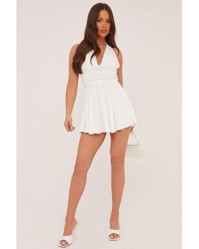 Rebellious Fashion Halter Plunge Neck Mini Dress - White