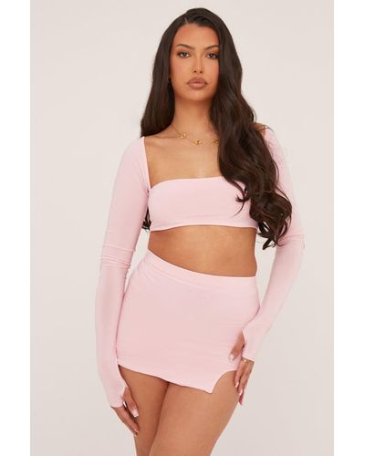 Rebellious Fashion Square Neck Cropped Top & Mini Skirt Co-Ord Set - Pink