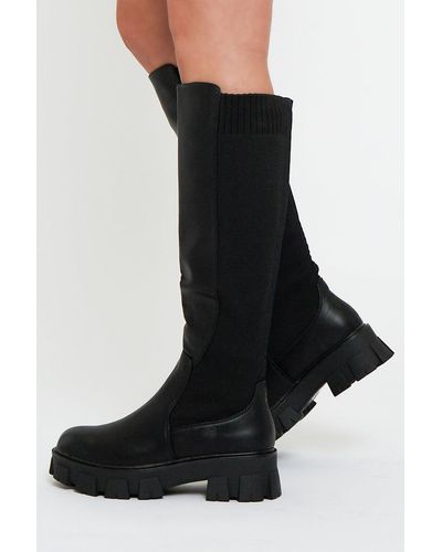 Rebellious Fashion Leather Contrast Knee High Chunky Sole Boots - Phileine - Black