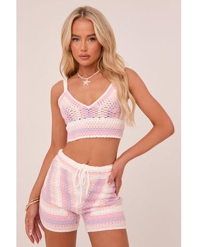 Rebellious Fashion Multi Abstract Crochet Crop Top & Shorts Co-Ord Set - Pink