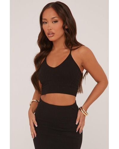 Rebellious Fashion Rib Knit Halter Neck Cropped Top - Milly - Black