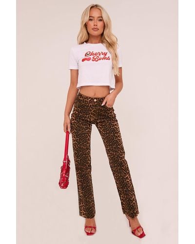 Rebellious Fashion Leopard Print Straight Leg Jeans - Pink
