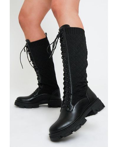 Rebellious Fashion Black Lace Up Pu Leather And Quilted High Boots - Salva
