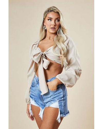 Rebellious Fashion Tie Front Milkmaid Cropped Top - Lena - Blue