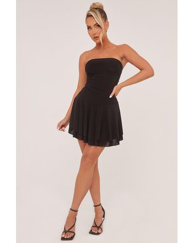 Rebellious Fashion Bandeau Ruched Skater Mini Dress - Black