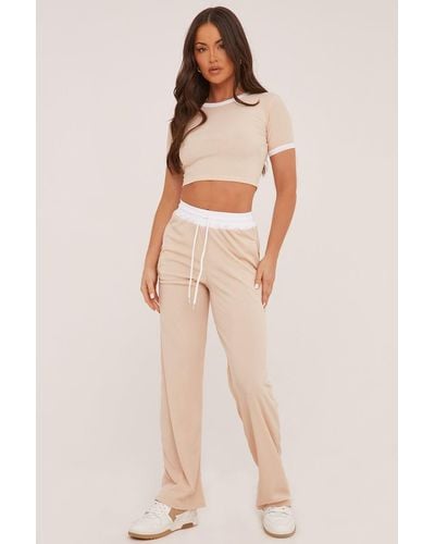 Rebellious Fashion Contrast Binding Cropped Top & Wide Leg Trousers Co-Ord Set - Natural
