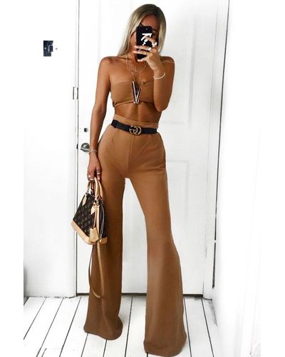 Rebellious Fashion Camel High Waist Flare Trousers -Tisha - Brown