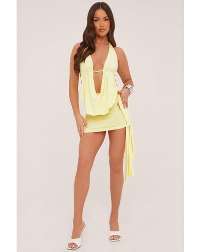 Rebellious Fashion Plunge Neck Cowl Detail Top & Mini Skirt Co-Ord Set - Yellow