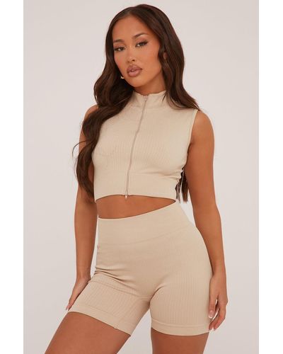 Rebellious Fashion Zip Front Seamless Cropped Top & Shorts Co-Ord Set - Natural