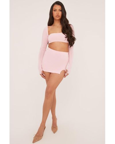 Rebellious Fashion Square Neck Cropped Top & Mini Skirt Co-Ord Set - Pink