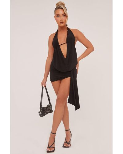 Rebellious Fashion Plunge Neck Cowl Detail Top & Mini Skirt Co-Ord Set - Black