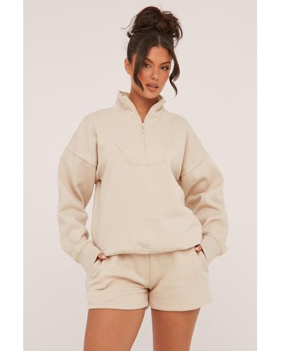 Rebellious Fashion Oversized Zip Front Sweatshirt & Mini Shorts Co-Ord Set - Natural
