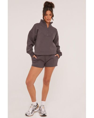 Rebellious Fashion Oversized Zip Front Sweatshirt & Mini Shorts Co-ord Set - Adriana - Brown