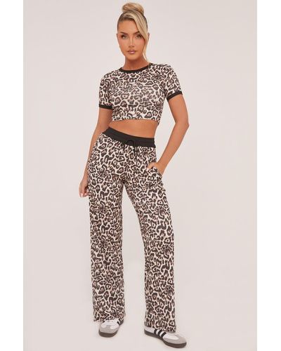 Rebellious Fashion Leopard Print Cropped Top & Straight Leg Trouser Co-Ord Set - Natural