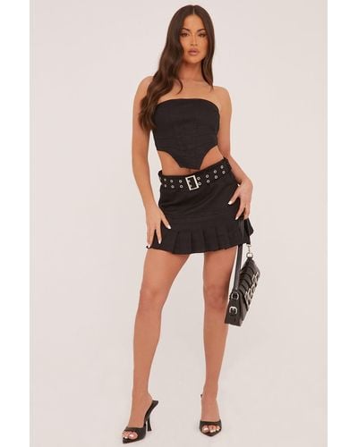 Rebellious Fashion Corset Detail Cropped Top & Pleated Mini Skirt Co-Ord Set - Black