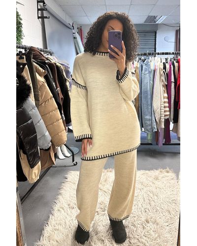 Rebellious Fashion Contrast Stitch Knitted Co-Ord Set - Natural