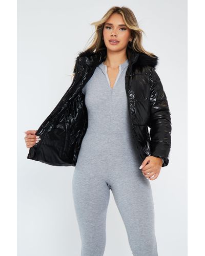 Rebellious Fashion Wet Look Reversible Fur Hood Puffer Jacket - Zadie - Black