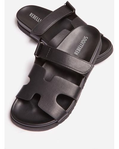 Rebellious Fashion Gladiator Faux Leather Velcro Strap Slider Sandals - Black
