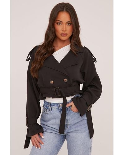 Rebellious Fashion Cropped Belted Trench Coat - Black