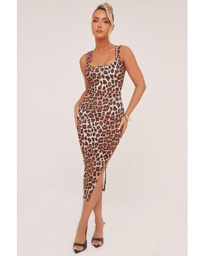Rebellious Fashion Leopard Print Scoop Neck Bodycon Midi Dress - Brown