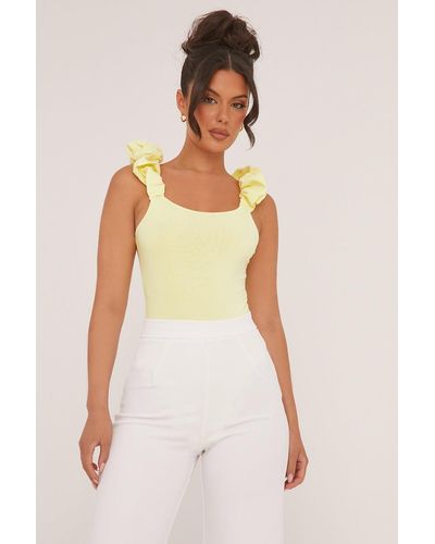 Rebellious Fashion Frill Straps Square Neck Bodysuit - Olivia - Yellow