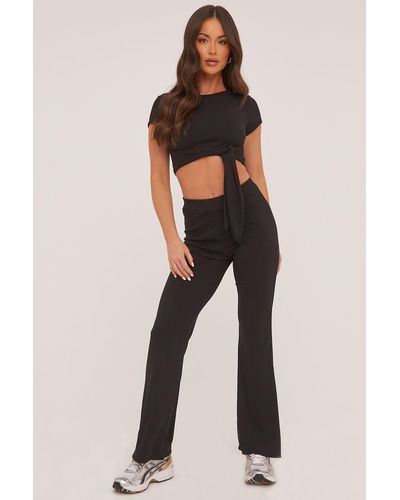 Rebellious Fashion Tie Front Cropped Top & Trousers Co-Ord Set - Black
