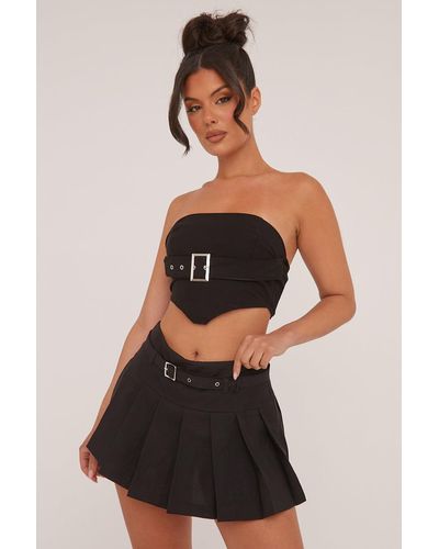 Rebellious Fashion Pleated Belt Detail Micro Mini Skirt - Black