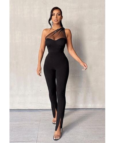 Rebellious Fashion Polka Mesh Corset One Shoulder Bodysuit - Black