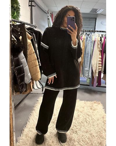Rebellious Fashion Contrast Stitch Knitted Co-Ord Set - Black