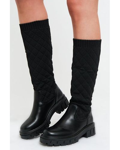 Rebellious Fashion Quilted Detail Knee High Boots - Bethsy - Black