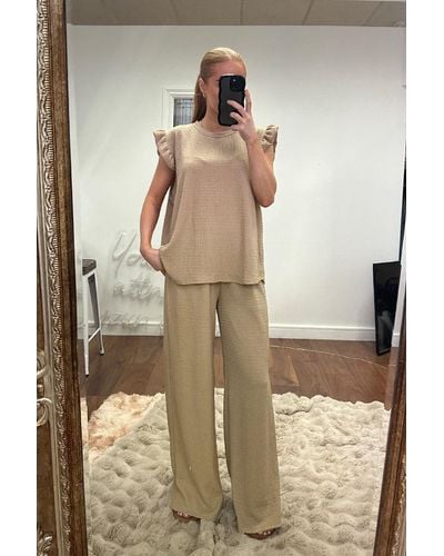 Rebellious Fashion Round Neck Frill Sleeve Top & Straight Leg Trousers Co-Ord Set - Natural