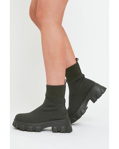 Rebellious Fashion Khaki Ankle High Chunky Sole Sock Boots - Bana - Black