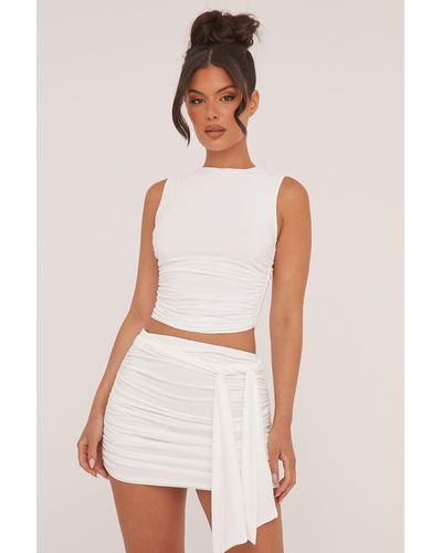 Rebellious Fashion Ruched Sleeveless Cropped Top & Mini Skirt Co-Ord Set - White