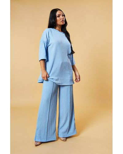 Rebellious Fashion Textured Knit Trousers & Oversized Top Co-Ord Set - Blue