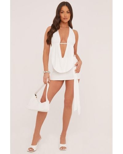 Rebellious Fashion Plunge Neck Cowl Detail Top & Mini Skirt Co-Ord Set - White