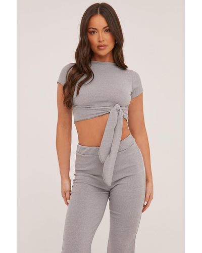Rebellious Fashion Tie Front Cropped Top & Trousers Co-Ord Set - Grey