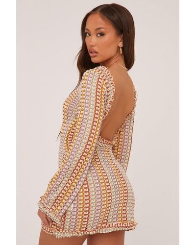 Rebellious Fashion Knit Abstract Pattern Backless Mini Dress - Natural